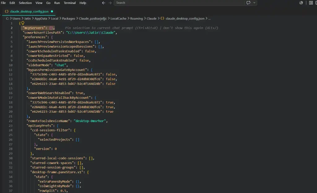 mcpServers {}, line in the file, and swap it out with this code snippet