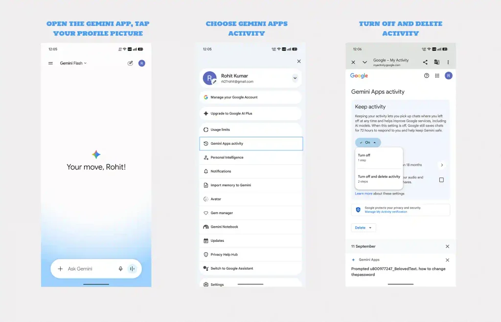 Gemini Android privacy settings for chat history